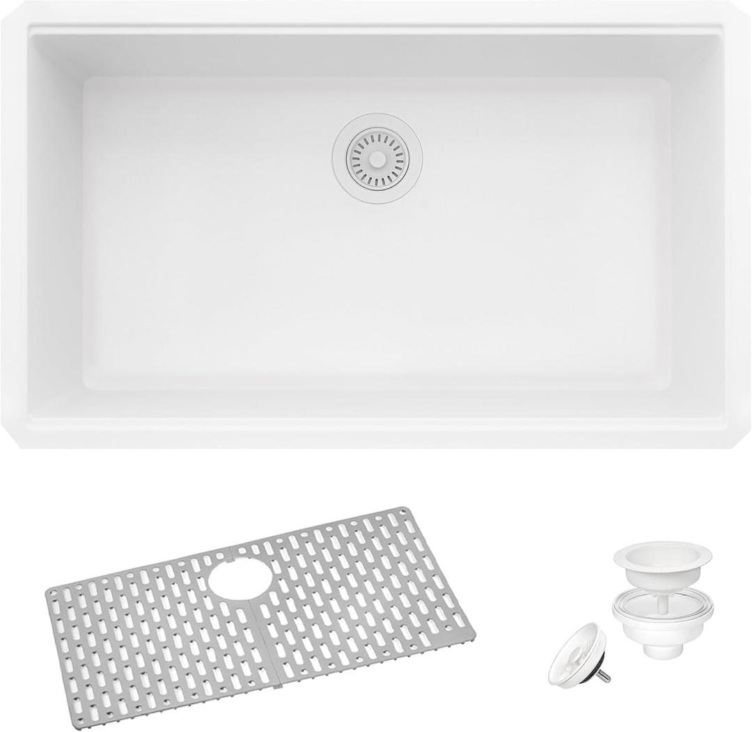 Ruvati 32x19-in Arctic White Granite Undermount Kitchen Sink - RVG2080WH, 33 inch