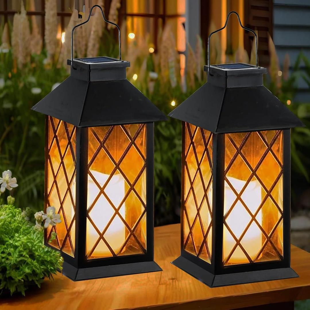 Solar Lanterns Outdoor Waterproof, 2 Pack 9" Glass Hanging Solar Lights with Flickering Flameless Candle, Outdoor Lanterns for Patio Wall Porch Table Garden Tree, Gift for Women Mom - Black