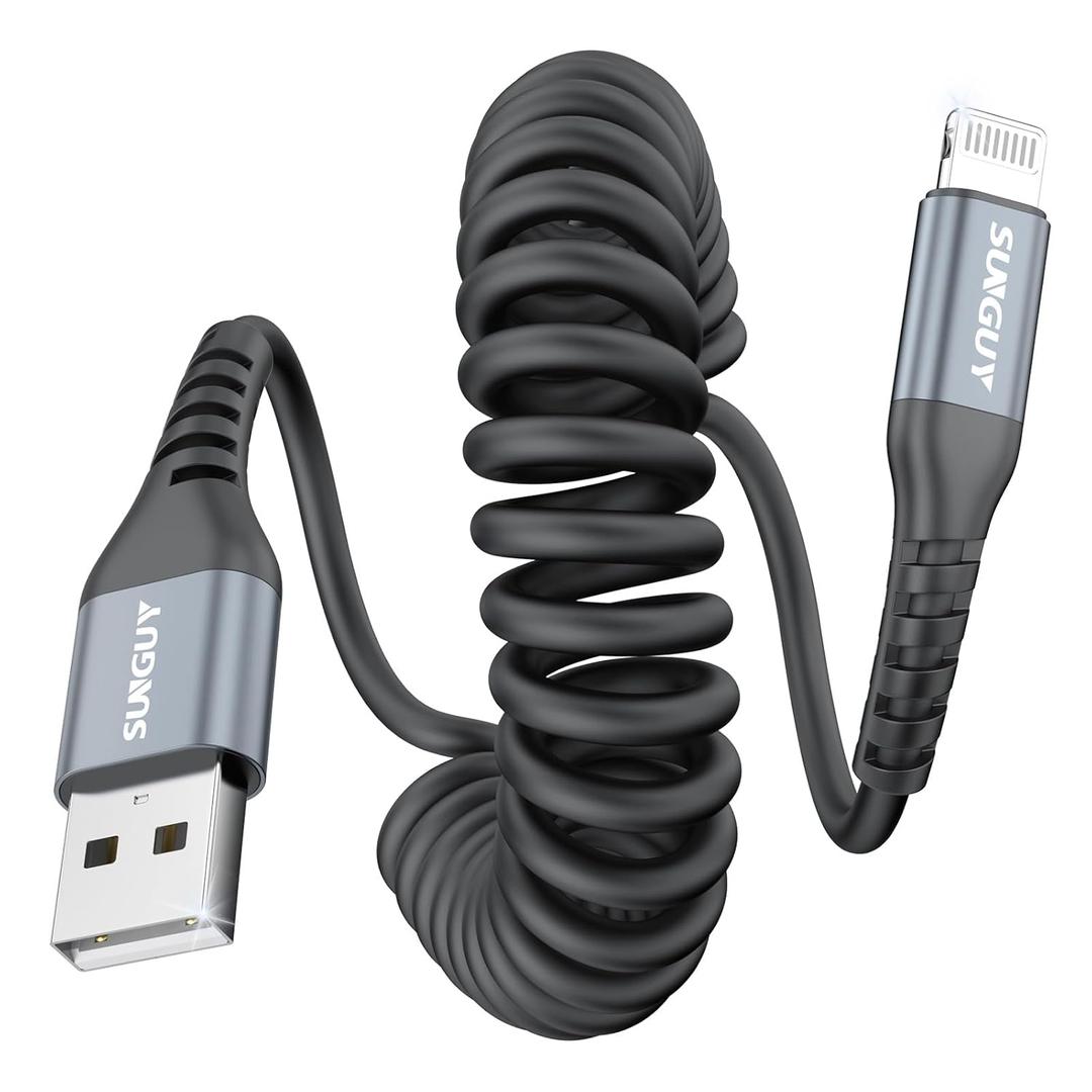 SUNGUY Coiled USB A to Lightning Cable, 5FTExtendable: 1.3-3.3FT MFi Certified iPhone Charger CarPlay Cable for iPhone 14/13/12/11 Pro Max/XS MAX/XR/XS/iPad/iPod