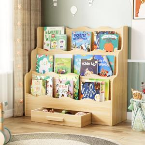 3-Tier Montessori Scalloped Kids Bookshelf with Drawer, 29.6" Wide