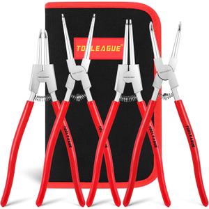 TOOLEAGUE 4 Pcs Snap Ring Pliers Set, Circlip Pliers, 13 inches Internal/External Heavy Duty for Ring Remover Retaining Straight Bent Lock Ring Pliers Set (Red)