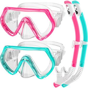 2 Sets Kids Snorkeling Gear for Ages 3-14, Anti-Fog 180 Clear View Dry Top Snorkel Set, Swimming Mask with Nose Cover & Tempered Glass Goggles for Youth Boys Girls Junior