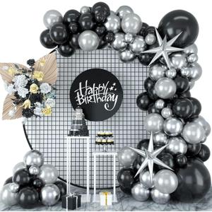 Black Silver Balloon Garland Kit, Black Silver Balloon Arch Kit with Black and Metallic Silver Latex Balloons, Black and Silver Balloon Arch for Birthday Wedding Anniversary Graduation Party Supplies 