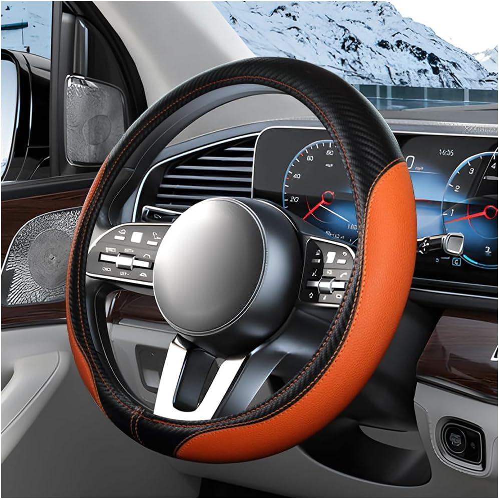 Car Steering Wheel Cover, 15" Anti-Slip Leather Carbon Fiber Texture Vehicle Steering Wheel Protector, Breathable Automotive Interior Accessories, Universal Fit (Black/Orange)