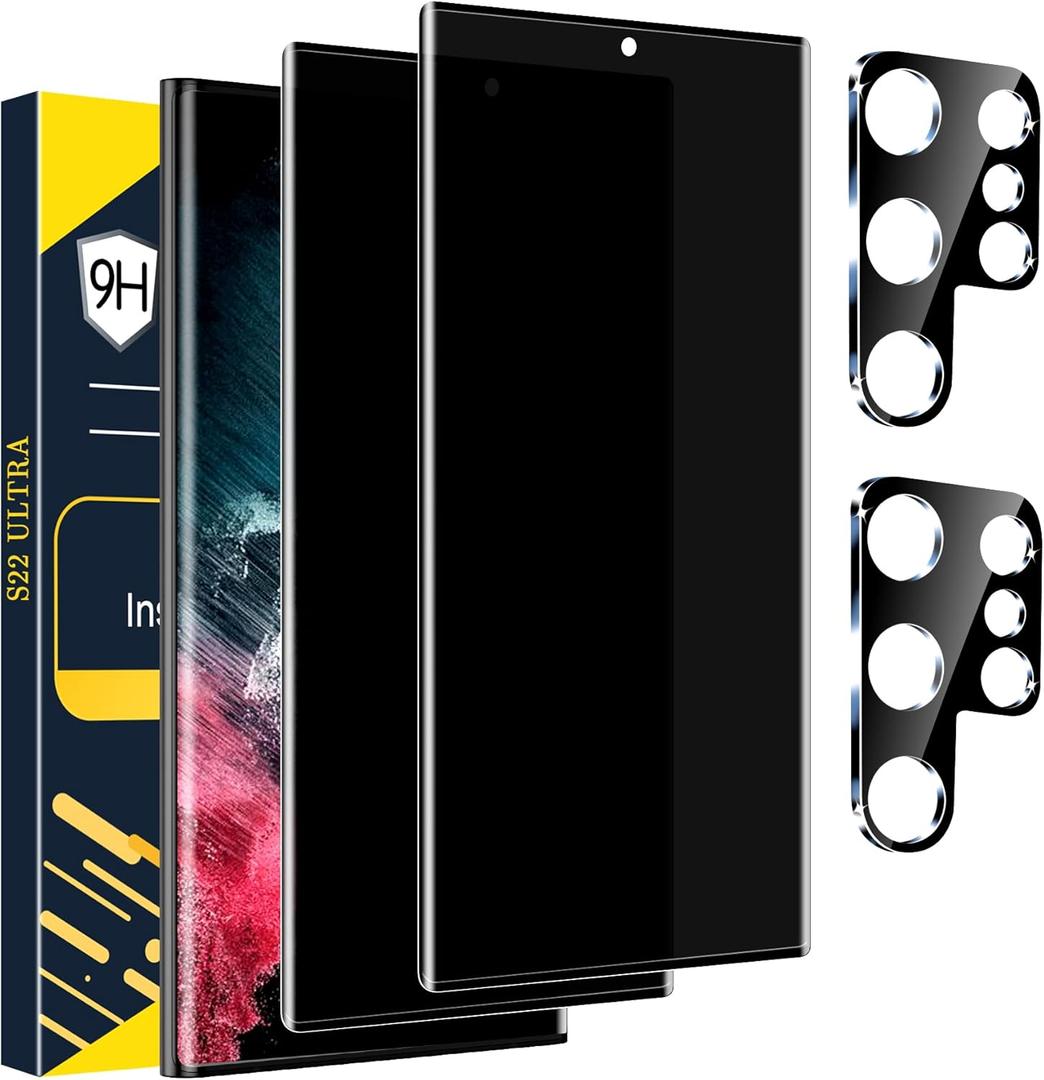 [2+2 Pack] Galaxy S22 Ultra Privacy Screen Protector, 9H Tempered Glass, Ultrasonic Fingerprint Support, 3D Curved, HD Clear Anti-Spy Film for Samsung S22 Ultra 5G Glass Screen Protector