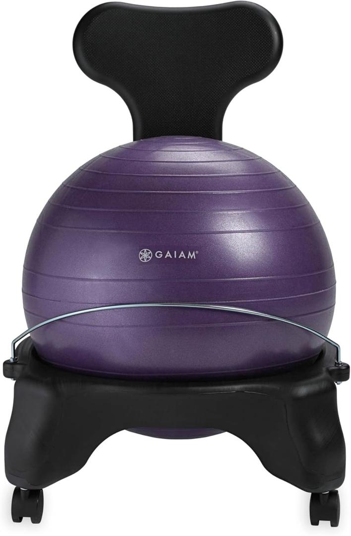 Gaiam Classic Balance Ball Chair  Ergonomic Stability Chair for Desk & Office | Yoga Ball Seat with Base, Air Pump, & Exercise Guide | Improves Posture & Core Strength (300 lb Capacity) (Purple)