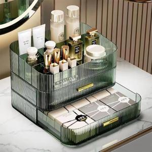 Makeup Organizer for Vanity, Large Desk Organizer with Stackable Drawers for Cosmetics, Skincare, Lipsticks, Palette, Nail Care, Ideal Storage for Dresser and Bathroom Countertop-Green (1 Tray + 2 Drawer)