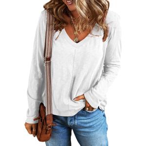 EVALESS Womens Tops Fashion V Neck Long Sleeve Shirts Casual Fall Outfits Basic T Shirts Blouses Top Women's Clothing (Medium)