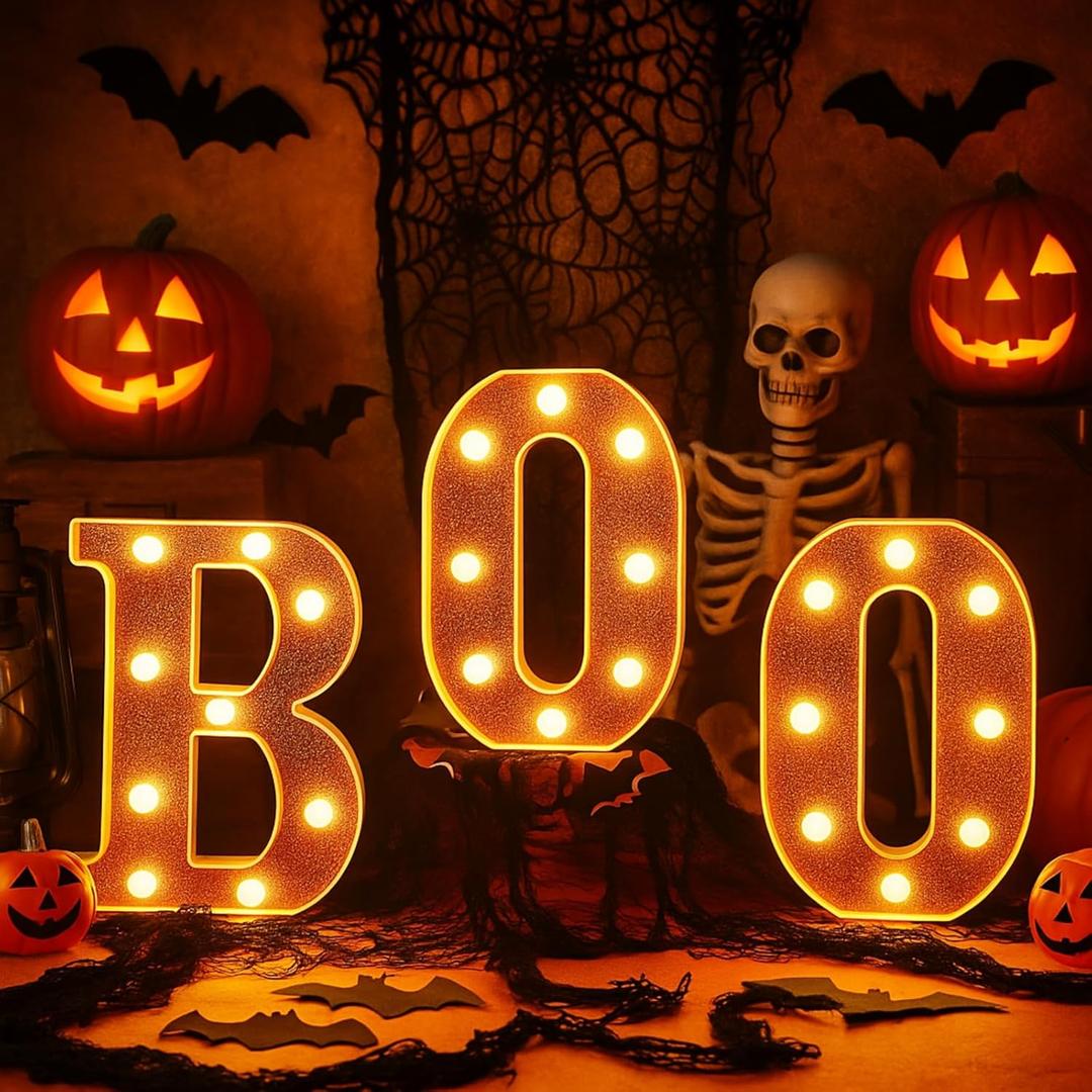Baquler 3 Pcs Halloween Boo Decorations Light up Boo Sign Marquee LED Letters Lights Decor for Halloween Outdoor Home Room Kitchen Fireplace Tabletop Party Supplies(Orange)