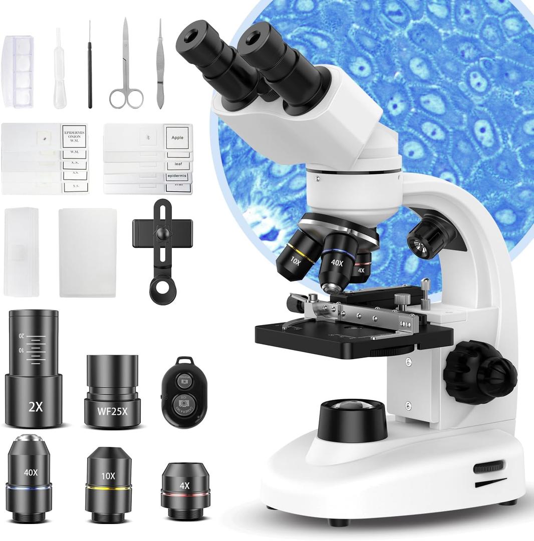 Compound Binocular Microscope for Adults, Professionals & Kids, 40X-2000X Magnification with LED Illumination, Mechanical Stage, WF10x & WF25x EyepiecesCompatible for Lab, School, Home Education (White)