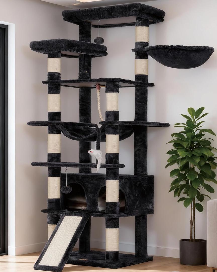 Heybly Tall Cat Tree, 78-inch Multi-Level Cat Tower for Indoor Cats, 2 Widened Plush Perches Cat Condo with Scratching Board and Big Caves, Smoky Gray HCT033G