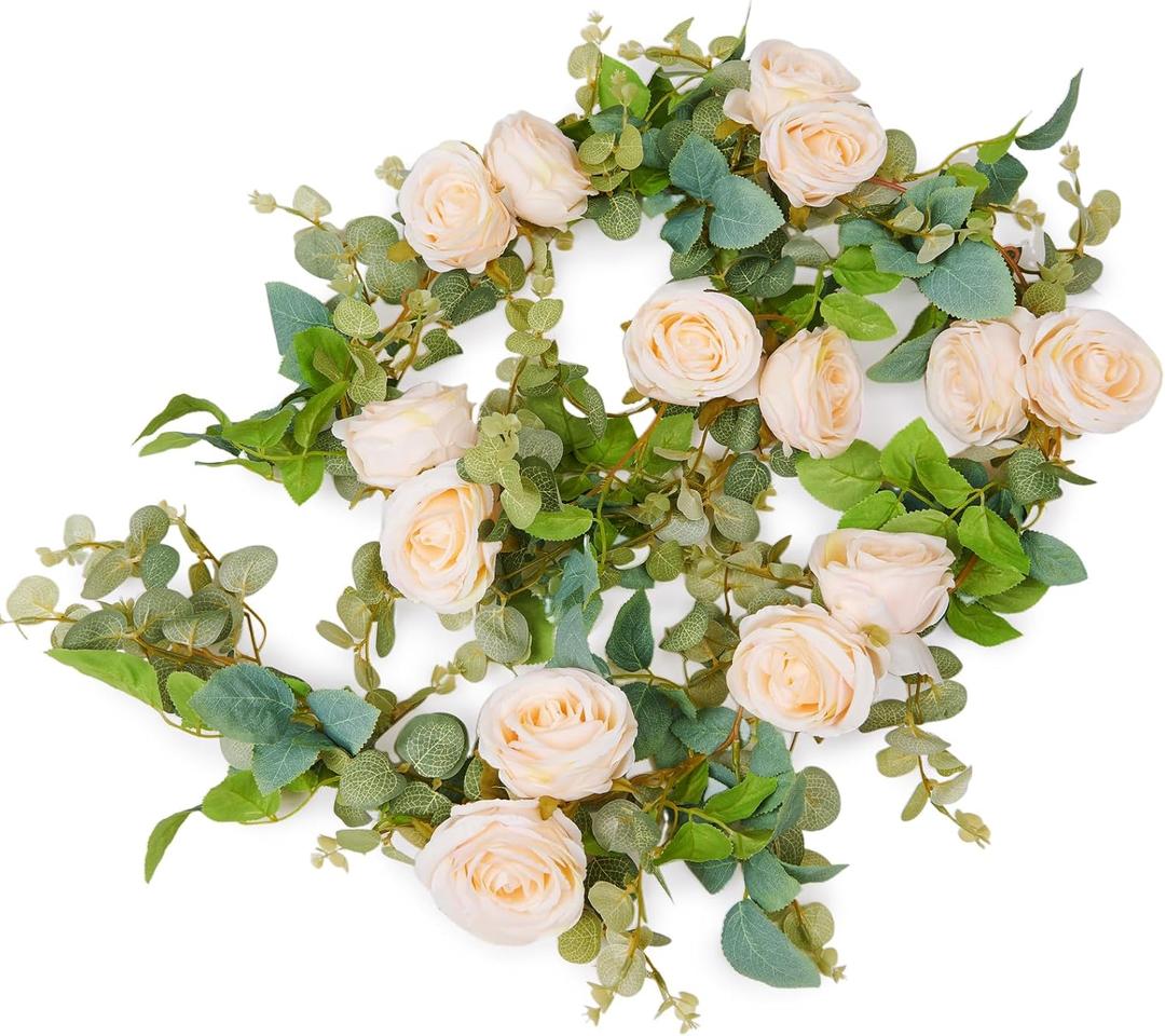 Flower Garland Artificial Rose Vine Flowers Hanging Fake Roses Vines for Wedding Birthday Party Valentines Christmas Room Wall Arch Decor, 2 Champagne Floral Garland, High Realistic