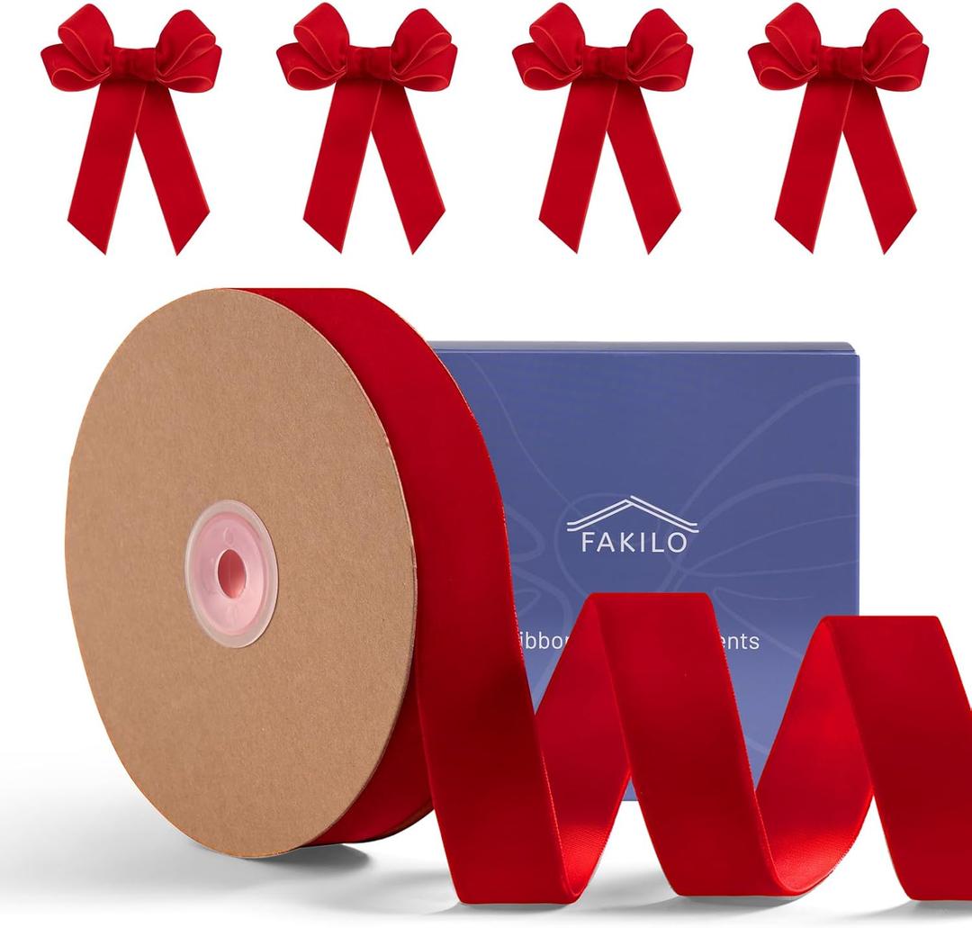 Red Velvet Ribbon 1 Inch x 25 Yd, FAKILO Ribbon Red Velvet Perfect for Christmas Tree, Wreath, Gift Wrapping, Bows, Flower Bouquet, Wedding Home Decor