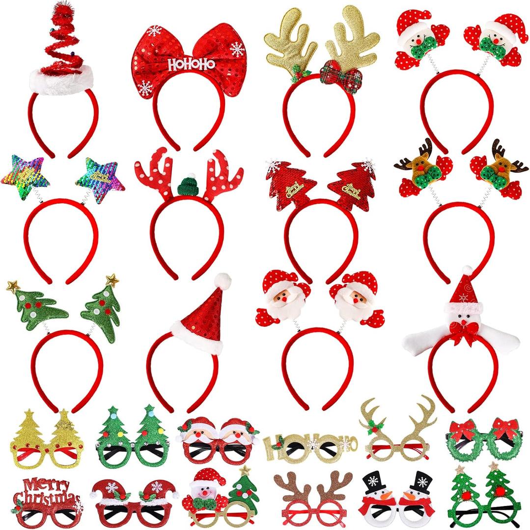 Max Fun 24 Pieces Christmas Glasses Frame and Headbands Set Cute Christmas Decoration Accessories for Holiday Party Favors and Photo Booth