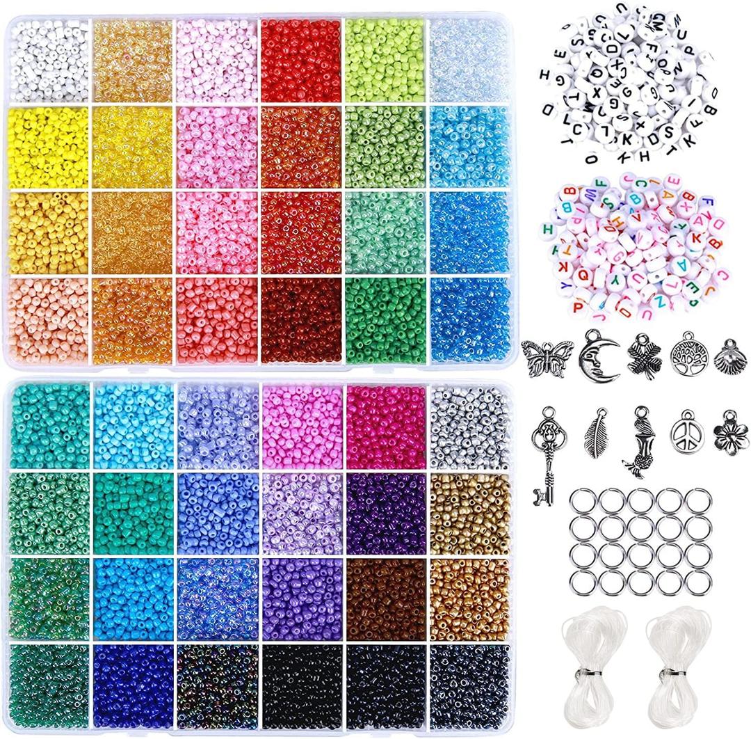 GREENTIME 3MM Bracelet Beads Kit for Bracelets Making, 35000pcs Seed Beads Small Glass Beads 8/0 Rainbow Beads Set with Letter Beads Elastic String Charms for Crafts (48 Colors)