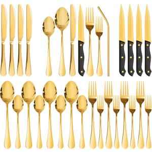 Astercook 24-Piece Silverware Set with Steak Knives Gold Flatware Set for 4 Food-Grade Stainless Steel Cutlery Set Mirror Polished Utensils Set Include Spoons and Forks for Home Gifts for Women
