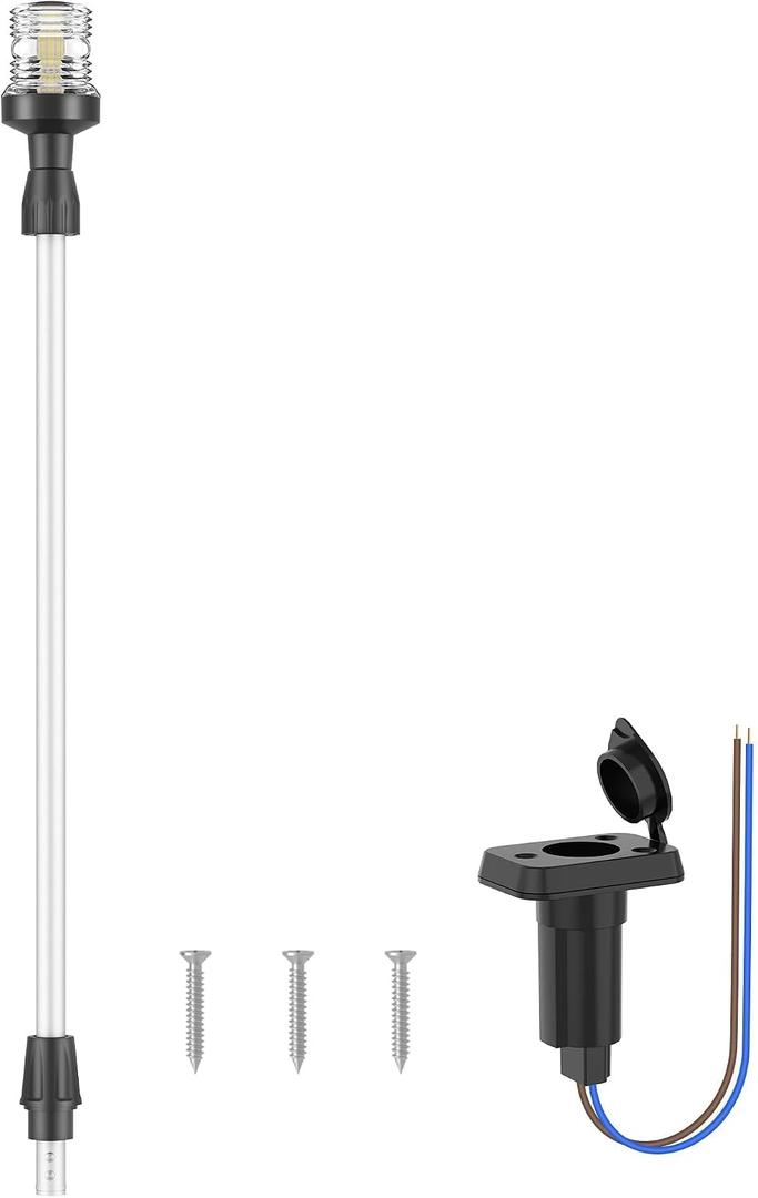 Obcursco Boat Stern Lights, Telescoping Pole 27"-48" LED Anchor Light with Base, 12V Adjustable 3NM 360 Navigation Lighting for Pontoon, Yacht, Bass, and Fishing Boats (27"-48", Silver)