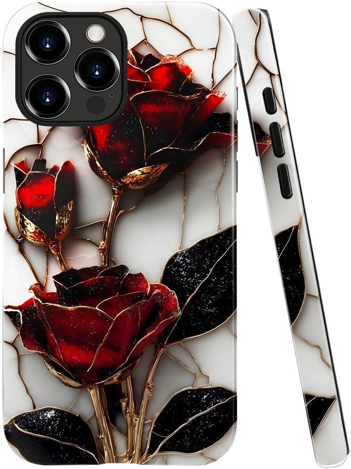 Case for iPhone 16 Pro Max - Slim Fit Anti-Scratch Phone Case for Girl Women - Red Rose Marble Stained Glass (Glossy)