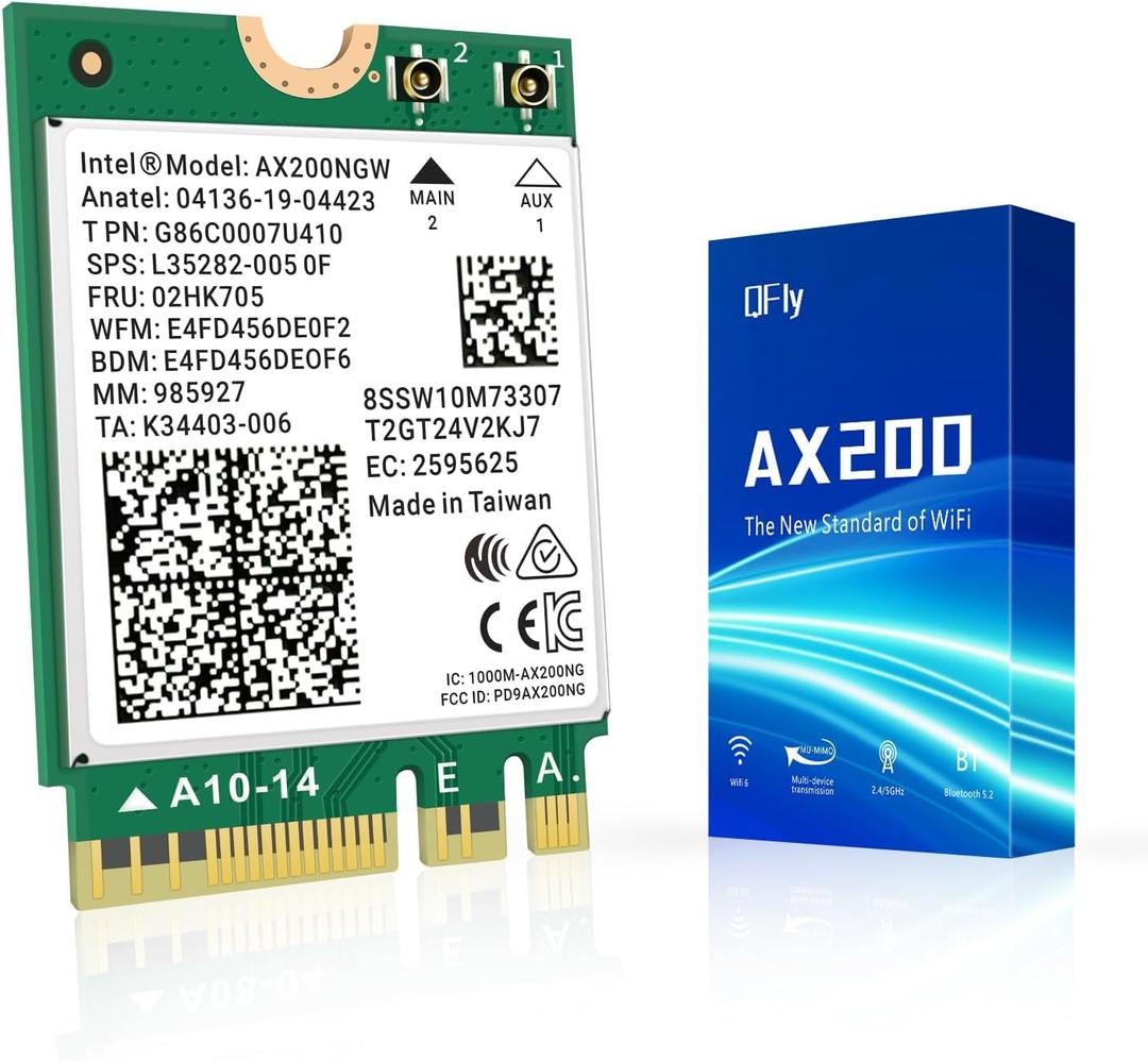 QFly WiFi 6 Card AX200NGW Wireless Network Card 2.4GHz 5GHz MU-MIMO Wi-Fi 6 (802.11ax) Module Adapter with Bluetooth 5.2 for PC Laptop Support Windows 10/11 64bit Gigabit M.2/NGFF