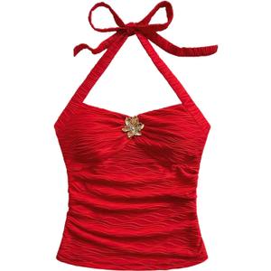 SOLY HUX Women's V Neck Halter Tops Open Back Y2k Ruched Floral Metal Summer Going Out Cami Tops, Small