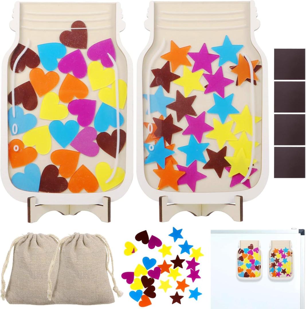 2 PCS Magnetic Reward Jars, Wooden Reward Jars with Stars and Hearts for Chill, Personalized Stars Reward Jar for Little One, Magnetic Reward Jars for Boys Classroom Education