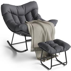GarveeLife Outdoor Papasan Rocking Chair with Footrest, Oversized Lounge Chair with Ottoman and Sturdy Metal Frame, Patio Rattan Egg Rocker for Balcony Backyard Porch Bedroom, Grey