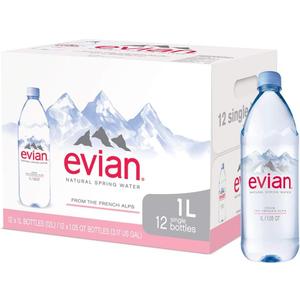 evian Natural Spring Water (One Case of 12 Individual Bottles, Each Bottle is 1 Liter) Naturally Filtered Spring Water in Large Bottles, Best By: 10/25/2026