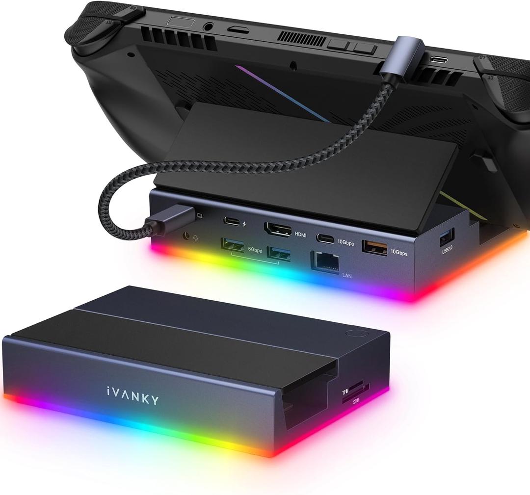 iVANKY 14-in-1 RGB 4K@144Hz Docking Station for Steam Deck OLED/ROG Xbox Ally X/Lenovo Legion Go S, Foldable Dock with HDMI Gigabit Ethernet 10Gbps USB 3.2, SD/TF Slots, 1Gbps Ethernet, 100W Charge