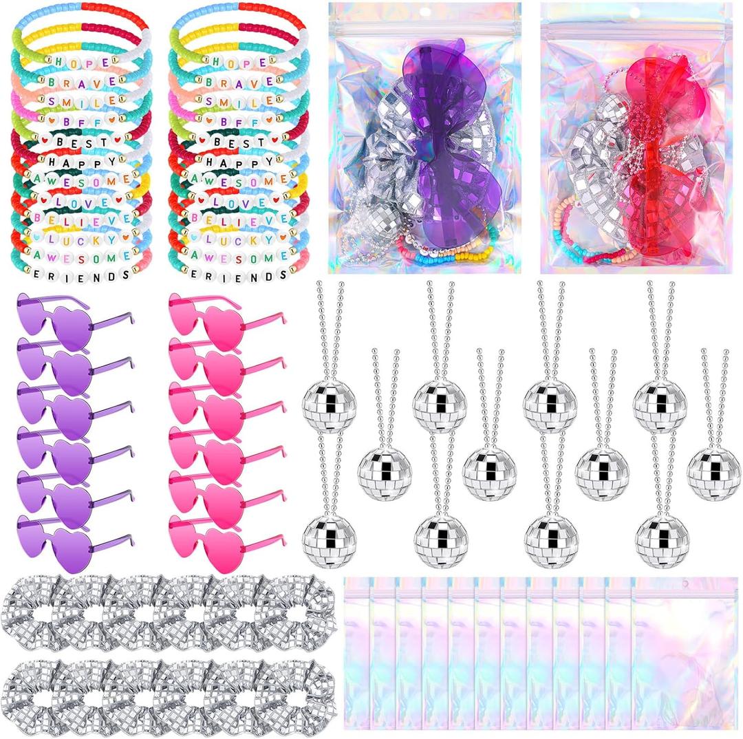 72 Pcs Friendship Party Favors Era Popular Singer Gift Sets include Bead Bracelets Disco Ball Heart Sunglasses Metallic Silver Hair Accessories Holographic Gift Bag for Fans Party Supplies