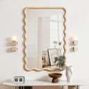 Wavy Mirror for Wall, 30"x20" Boho Bathroom Floor Vanity Mirror with Wooden Frame, for Bedroom, Living Room, Entryway, Farmhouse