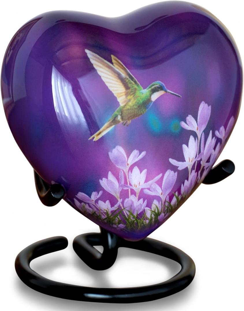 Olivia Memorials Heart Urn for Ashes Women Men Adult | Mini Hummingbird Urn for Female Male Carefully Handcrafted Funeral Decorative Small Purple Urn for Mom Dad Mother Baby Infant Pet Cat Dog (Heart-Shaped with Stand)