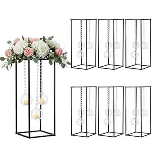 Yerliker 20'' Tall Metal Flower Vase Wedding Centerpieces Flowers Stand with Hanging Glass Tealight Globe Candle Holders, Crystal Garland Strands and Self Adhesive Hook(Black)
