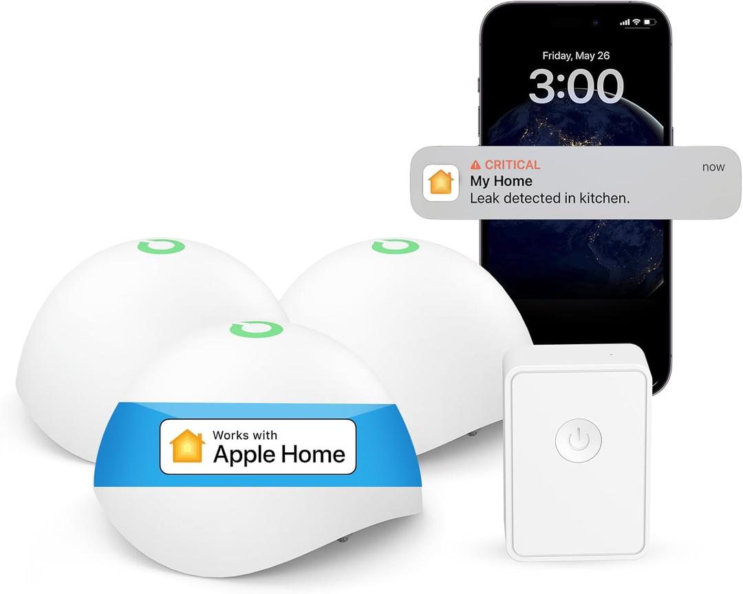 Meross Smart Water Sensor Alarm 3 Pack, WiFi Water Leak Detector Support Apple HomeKit, SmartThings, IP67 Waterproof with App Alerts, Alarm, 100M Range for Home Basement Kitchen (Meross Hub Included)