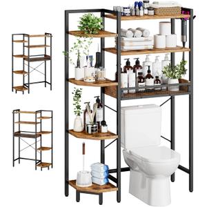 K1 Heavy Duty 7-Tier Over The Toilet StorageWith Basket and Paper HookFreestanding Above Toilet Shelf with Adjustable FeetSpace Saver Bathroom Shelves 9.3"D x 33.5"W x 63.8"HRustic Brown