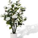 38'' Artificial Faux Camellia Tree Plants for Indoor Outdoor, Fake White Silk Camellia Tree Plants in Cement Pot for Home House Living Room Office Decor
