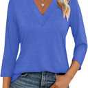 Women's 3/4 Sleeve Shirts V Neck Summer Tops Casual Tunics Tops Basic Tees Blouse Loose Fit (Blue)