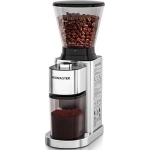 Aromaster Conical Coffee Bean Grinder, 48 Settings, Anti-Static, Sliver | Stainless Steel, 40S Adjustable Timer, Removable Burr, Brush for Easy Cleaning, for Espresso French Press Home Use, Quiet