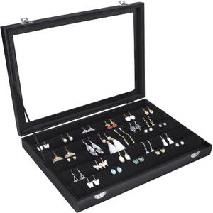 Siveit Earring Organizer Tray Velvet Earring Display Organizer Storage Box Premium 110 Slot 55 Pair Earring Display Organizer with Transparent Glass Cover Suitable for Women and Girls (Black)