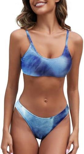 Fanuerg Women's Ribbed Bikini Sets Scoop Neck Cheeky Swimsuit Textured Two Piece Bathing Suit S