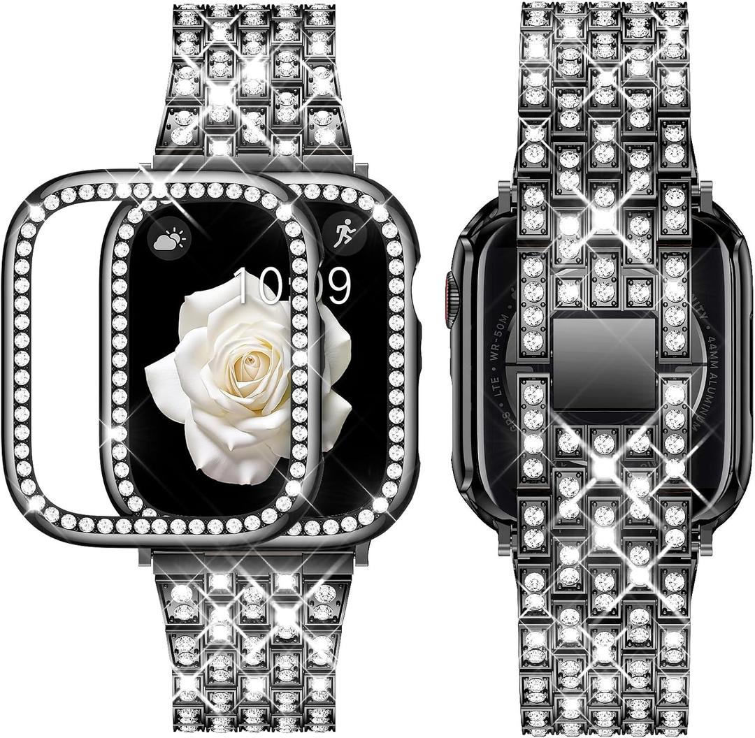 Supoix Compatible with Apple Watch Band 38/40/41/42/44/45/46/49mm+ Case, Women Jewelry Bling Diamond Rhinestone Replacement Metal Bands & 2 Pack PC Protector Case for iWatch Ultra 3/2/1 Series 11/10/9/8/7/6/5/4/3/2/1/SE