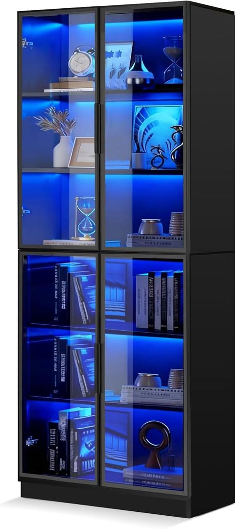 Black Display Cabinet,78 Inch High Bookshelf, Multi-Color LED Ambient Lighting, 6-Story Large Storage Space, Transparent Tempered Glass Door, Suitable for Bedrooms, Living Rooms, Offices