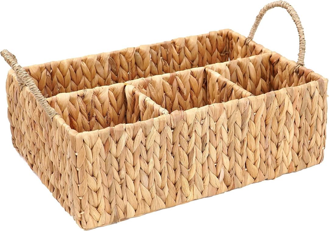 Wicker Divided Storage Basket Woven Natural Basket Hyacinth for Organizing Bathroom Kitchen Shelves Office Supplies Organization Everyday Wicker Storage Baskets 4 Section Rectangular Tray