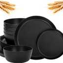 EI 12pcs Wheat Straw Dinnerware Set of 4,Plates and Bowls Sets, Plastic Plate Reusable Unbreakable, Heavy Duty Plastic Plates for Camping, Picnic, Family Dinner