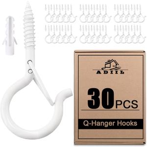 ADIIL 30 PCS Q Hanger Hooks with Safety Buckle, Windproof Screw Hooks for Hanging Outdoor String Lights, Plants, Christmas Patio Lights, 2.2 Inches, White
