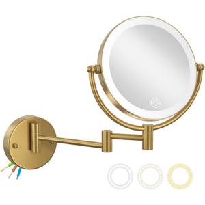 Hardwired Bathroom Makeup Mirror Wall Mount Gold, Double Sided 1/10X Magnifying Make up Mirror with Lights 3 Color & Adjustable Brightness, 360 Swing Arm Shaving Mirror, Brushed Moderne Brass