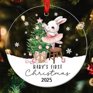 Baby’s First Christmas Ornament 2025 – Baby Acrylic Ornament Tree Décor – Baby Girl Ornament with Bunny & Tree – My 1st Christmas Keepsake - Gift for Newborn or New Parents