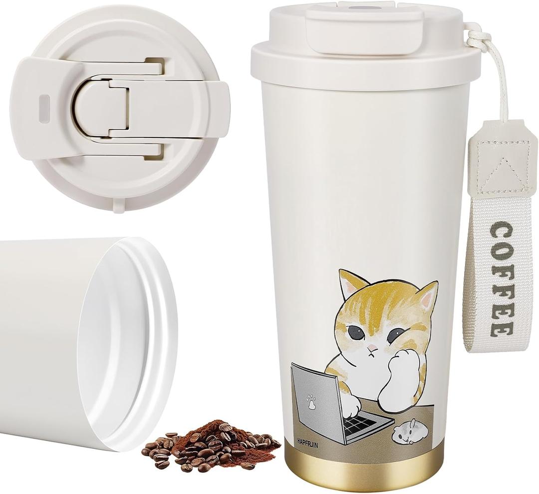 Insulated Tumbler With Lid And Straw, Stainless Steel Cat Coffee Tumbler 16 Oz, Travel Ceramic Lined Coffee Tumbler, Double Wall Vacuum Leak Proof Mug For Office School Party Camping (Working Cat)