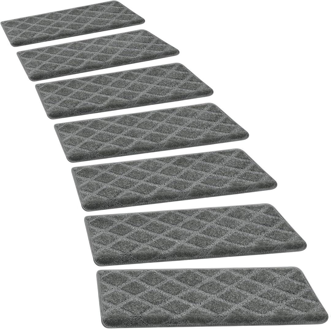 PURE ERA Bullnose Carpet Stair Treads Set Tape Free Non-Slip Indoor Stair Protectors Pet Friendly Rugs 9.5" x 30"(14 Pieces,Grey Diamond Trellis)