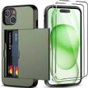 for iPhone 15 Wallet Case with Card Holder + 2 Tempered Glass Screen Protector Heavy Duty Protective Dual Layer Shockproof Hidden Card Slot Slim Case Women Men 6.1 inch (Deep Green)
