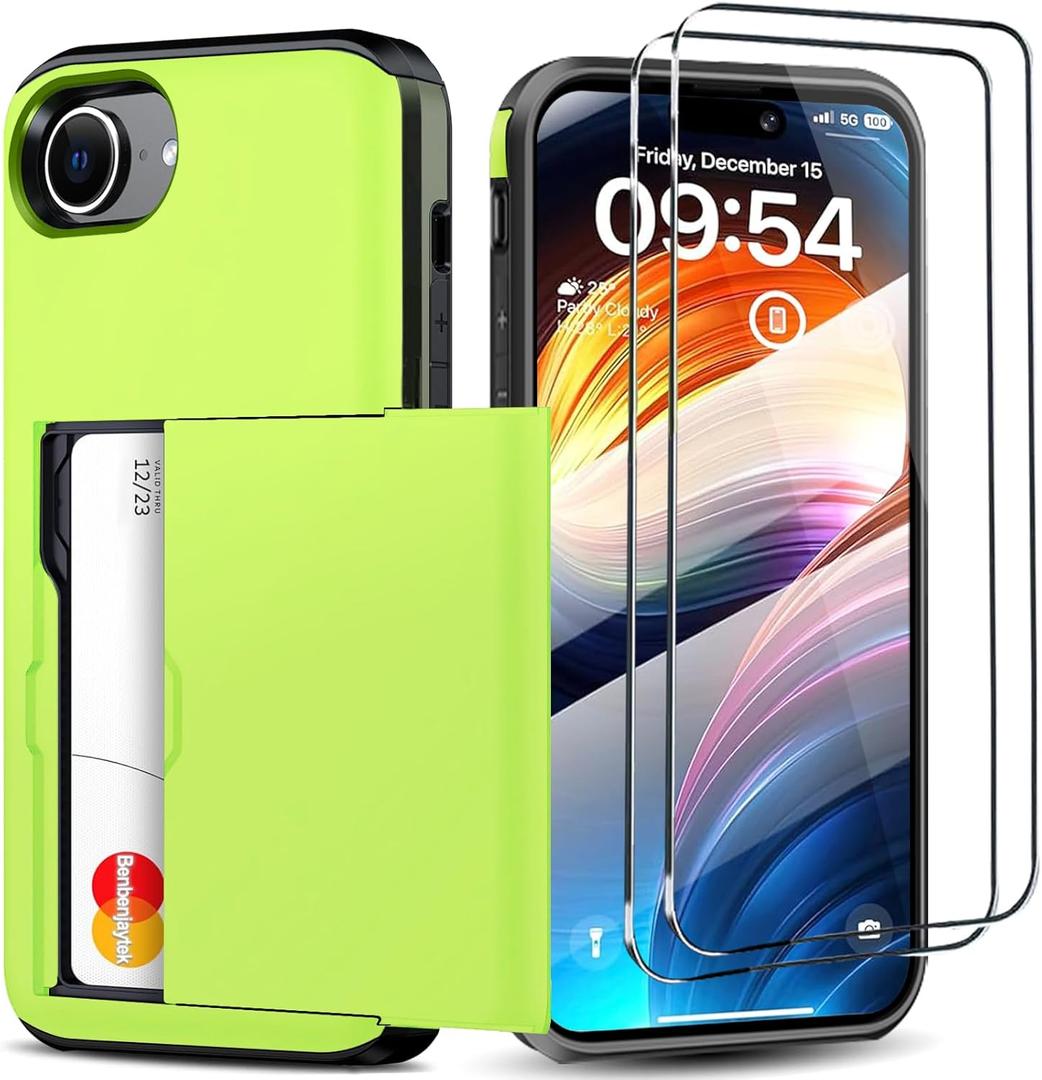 for iPhone 16e Wallet Case with Card Holder + 2 Tempered Glass Screen Protector Protective Shockproof Hidden Card Slot Slim Case Women Men for iPhne 16e 6.1"(Light Green)